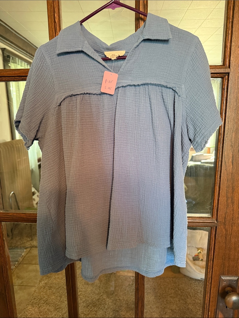 Vanilla Bay Womens Blue Double Gauze Cotton Babydoll Top Large NWT Lagenlook